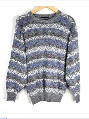 VTG 90s Expressions Geometric Sweater M Grandpa Retro Grunge Cosby Blue Striped